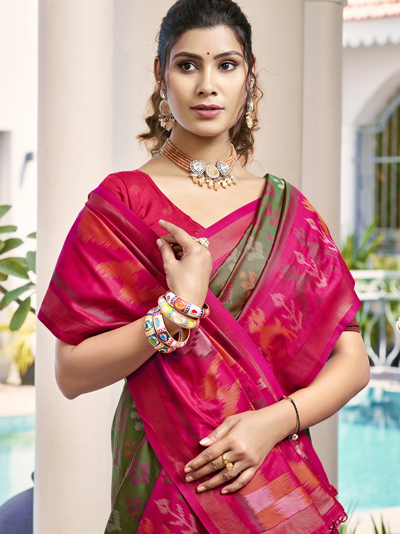 Monjolika Fashion Olive Green & Rani Pink Woven Pochampally Silk Blend Saree with Unstitched Blouse Piece | Grocsy