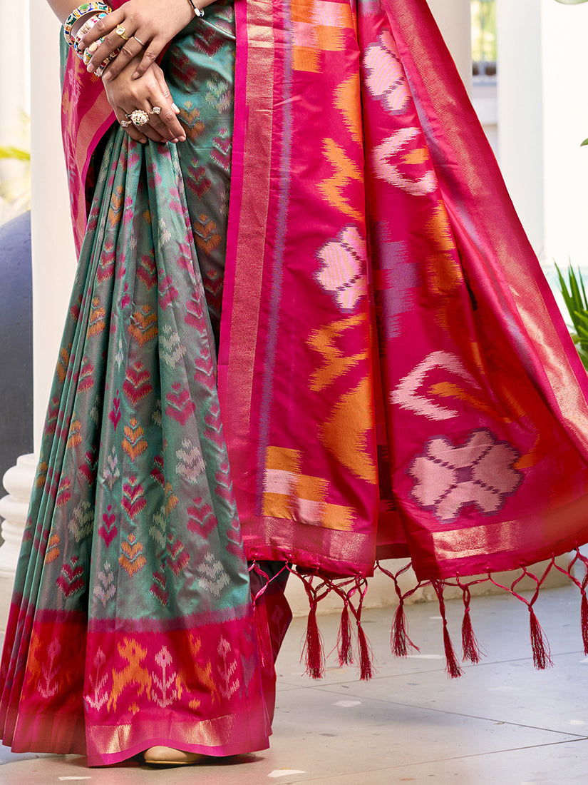 Monjolika Fashion Grey & Rani Pink Woven Pochampally Silk Blend Saree with Unstitched Blouse Piece | Grocsy