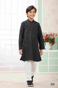 Raivat Ethnic Art Silk Embroidery Work Kids Kurta Pajama In Black Colour | Grocsy