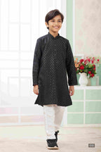 Raivat Ethnic Art Silk Embroidery Work Kids Kurta Pajama In Black Colour | Grocsy