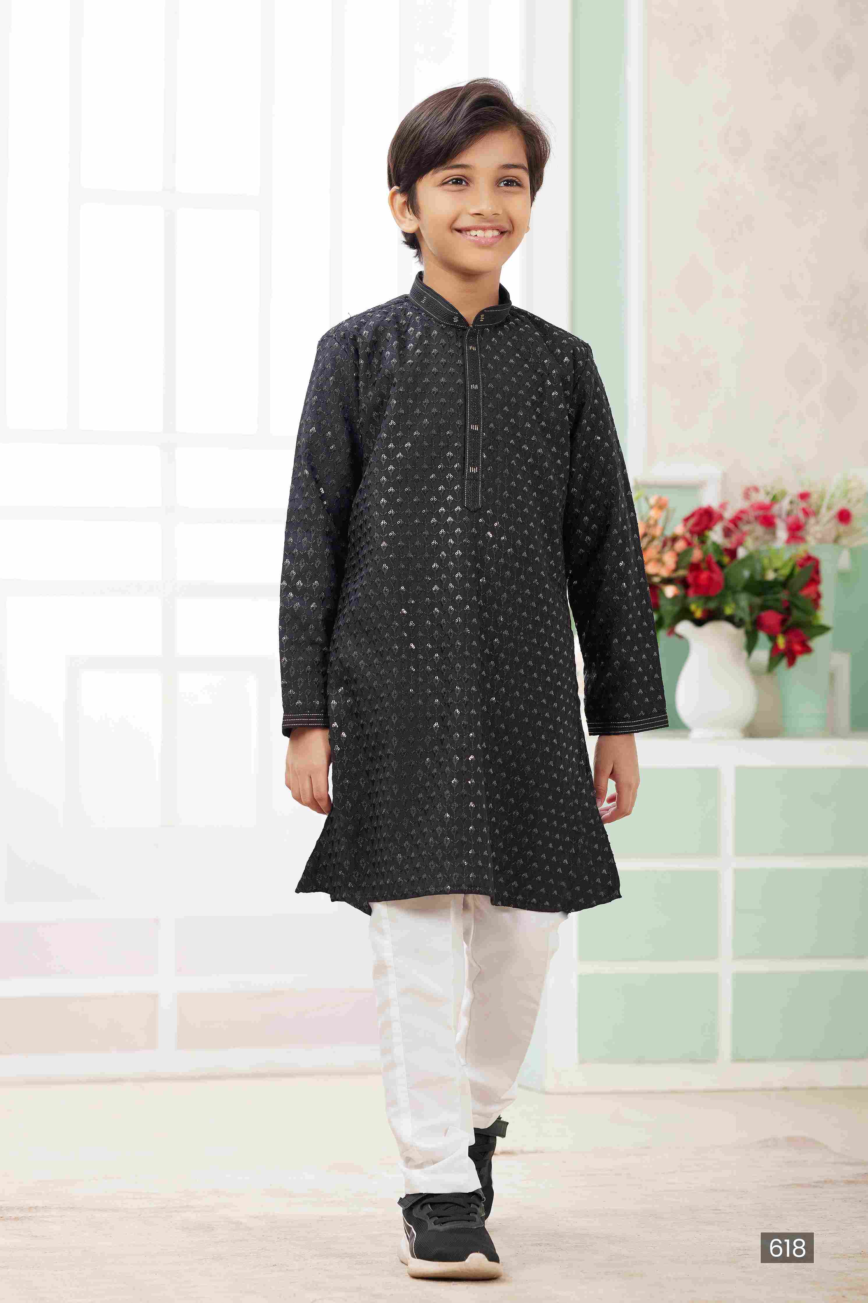 Raivat Ethnic Art Silk Embroidery Work Kids Kurta Pajama In Black Colour | Grocsy