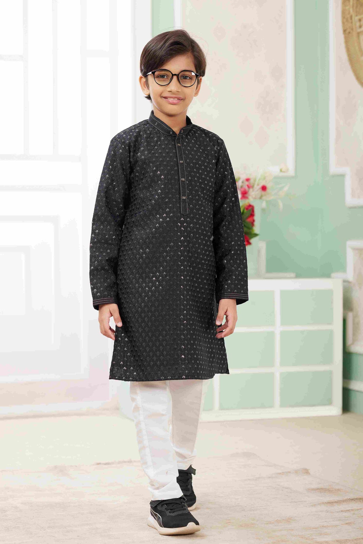Raivat Ethnic Art Silk Embroidery Work Kids Kurta Pajama In Black Colour | Grocsy