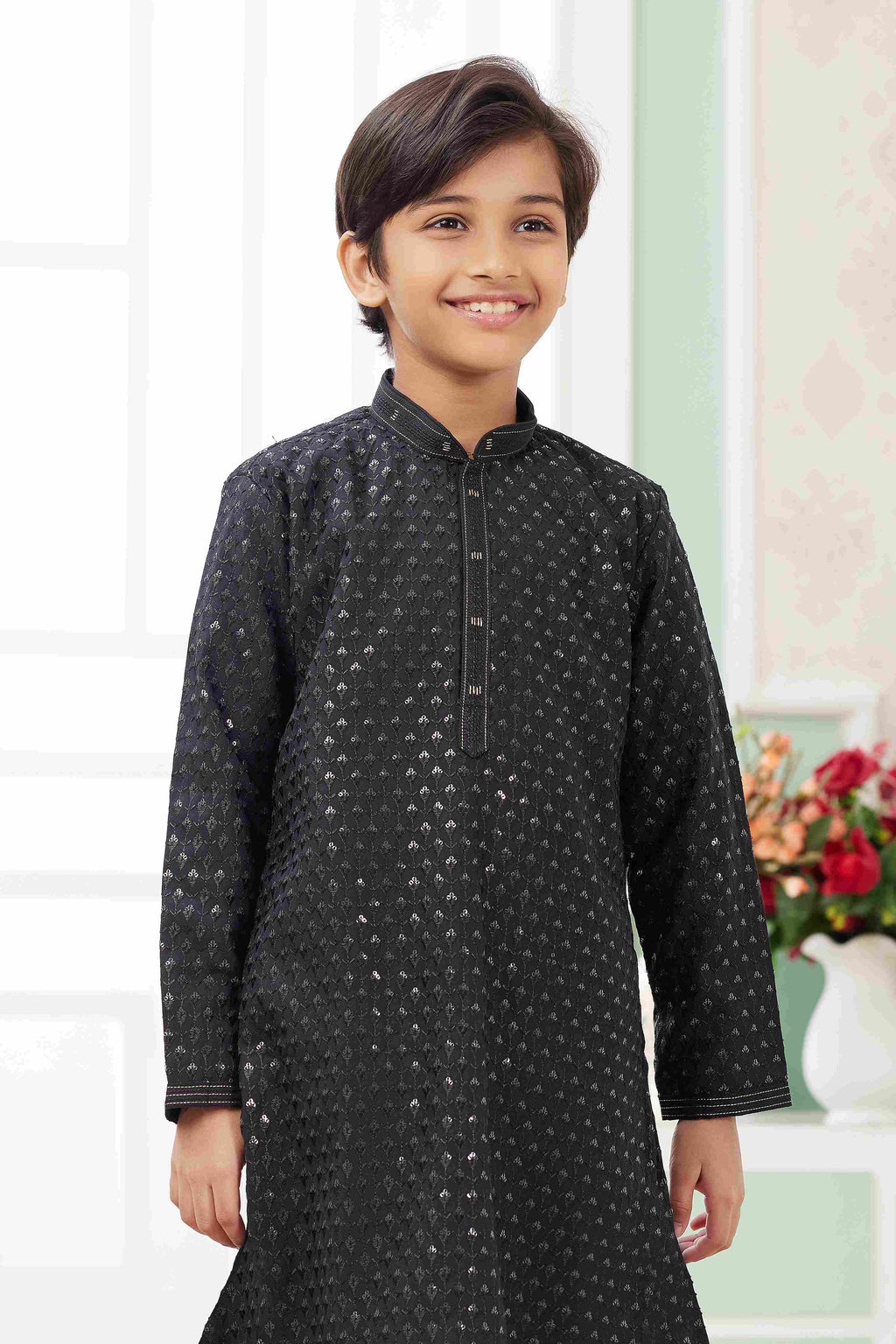 Raivat Ethnic Art Silk Embroidery Work Kids Kurta Pajama In Black Colour | Grocsy