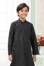 Raivat Ethnic Art Silk Embroidery Work Kids Kurta Pajama In Black Colour | Grocsy
