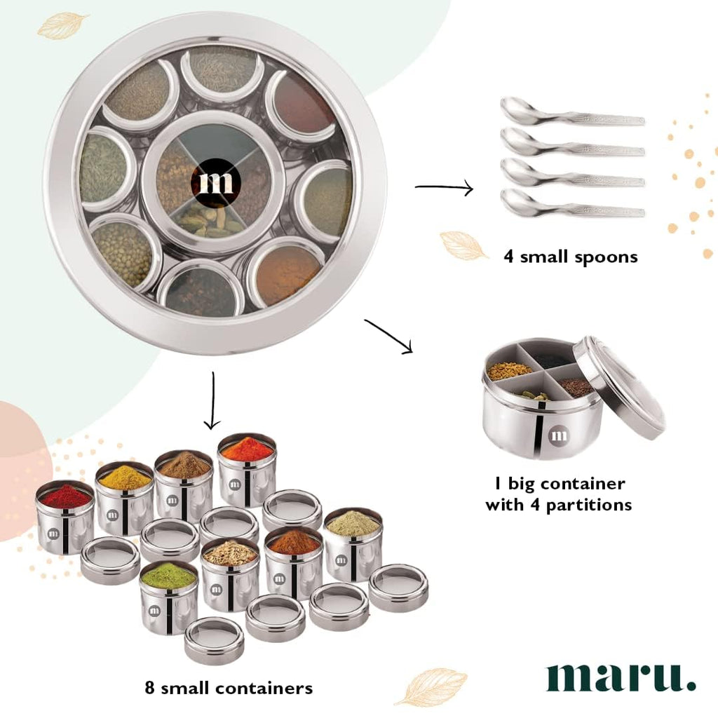 MARU Steel 12-in-1 Spice Box For Kitchen, Durable Masala Dani with Middle Partition Container | Grocsy