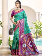 Monjolika Fashion Sea Green & Purple Woven Pochampally Silk Blend Saree with Unstitched Blouse Piece | Grocsy