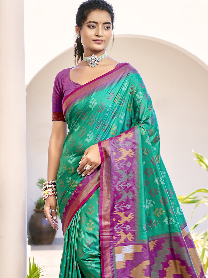 Monjolika Fashion Sea Green & Purple Woven Pochampally Silk Blend Saree with Unstitched Blouse Piece | Grocsy