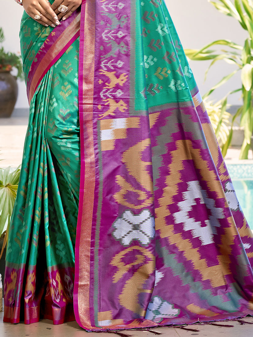 Monjolika Fashion Sea Green & Purple Woven Pochampally Silk Blend Saree with Unstitched Blouse Piece | Grocsy