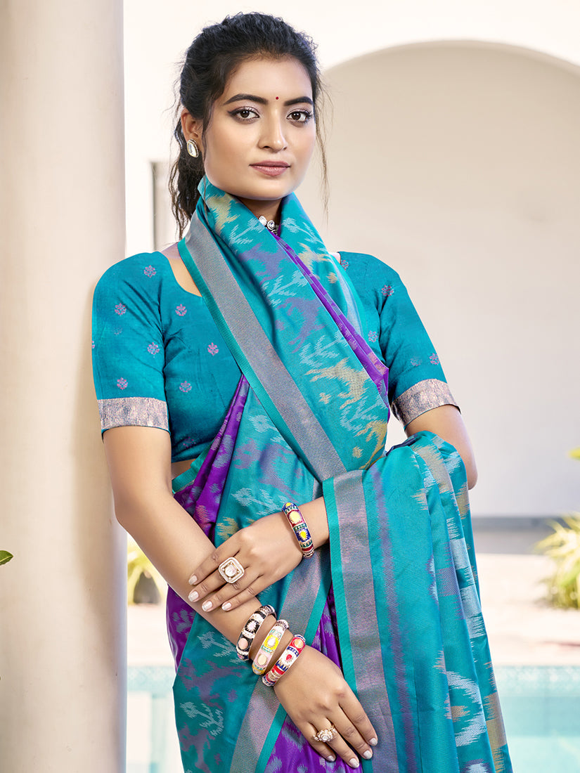 Monjolika Fashion Purple & Sky Blue Woven Pochampally Silk Blend Saree with Unstitched Blouse Piece | Grocsy