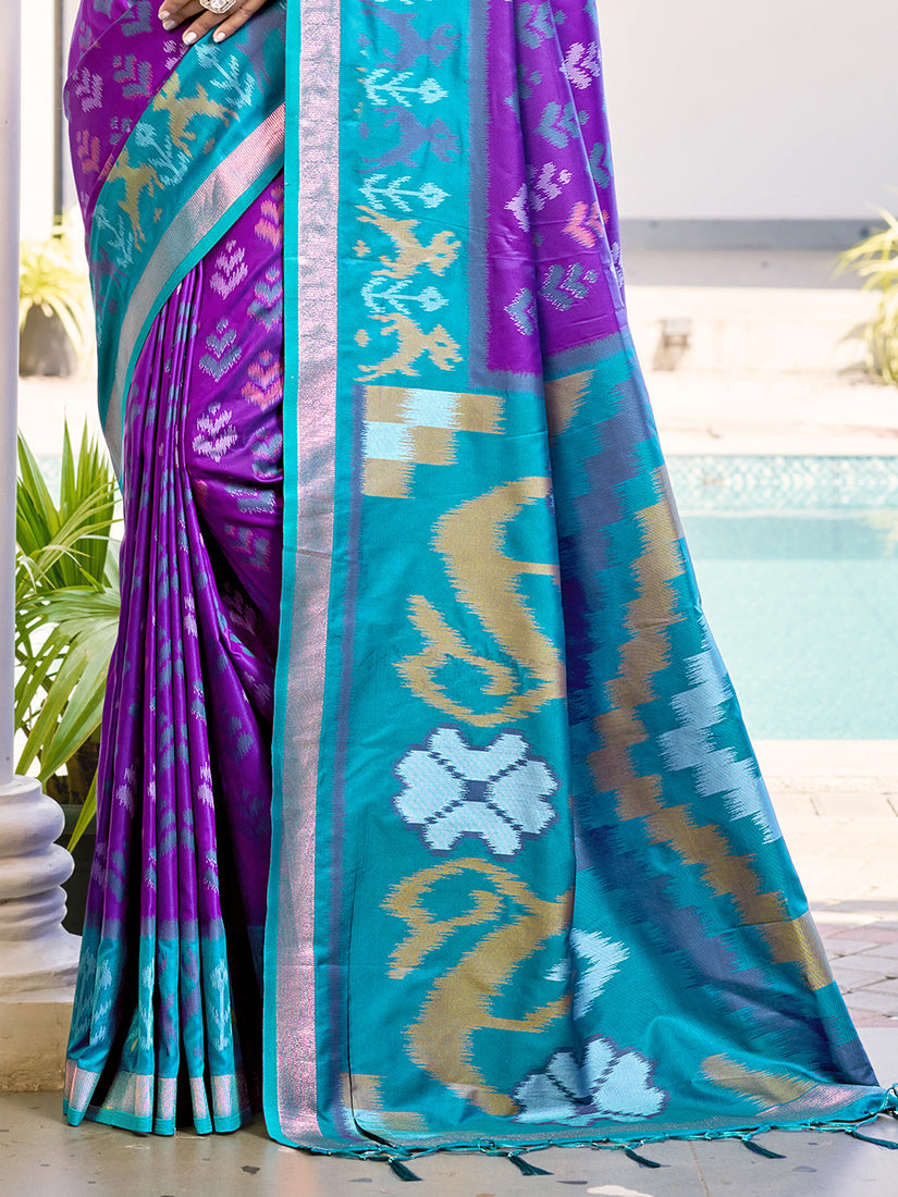 Monjolika Fashion Purple & Sky Blue Woven Pochampally Silk Blend Saree with Unstitched Blouse Piece | Grocsy