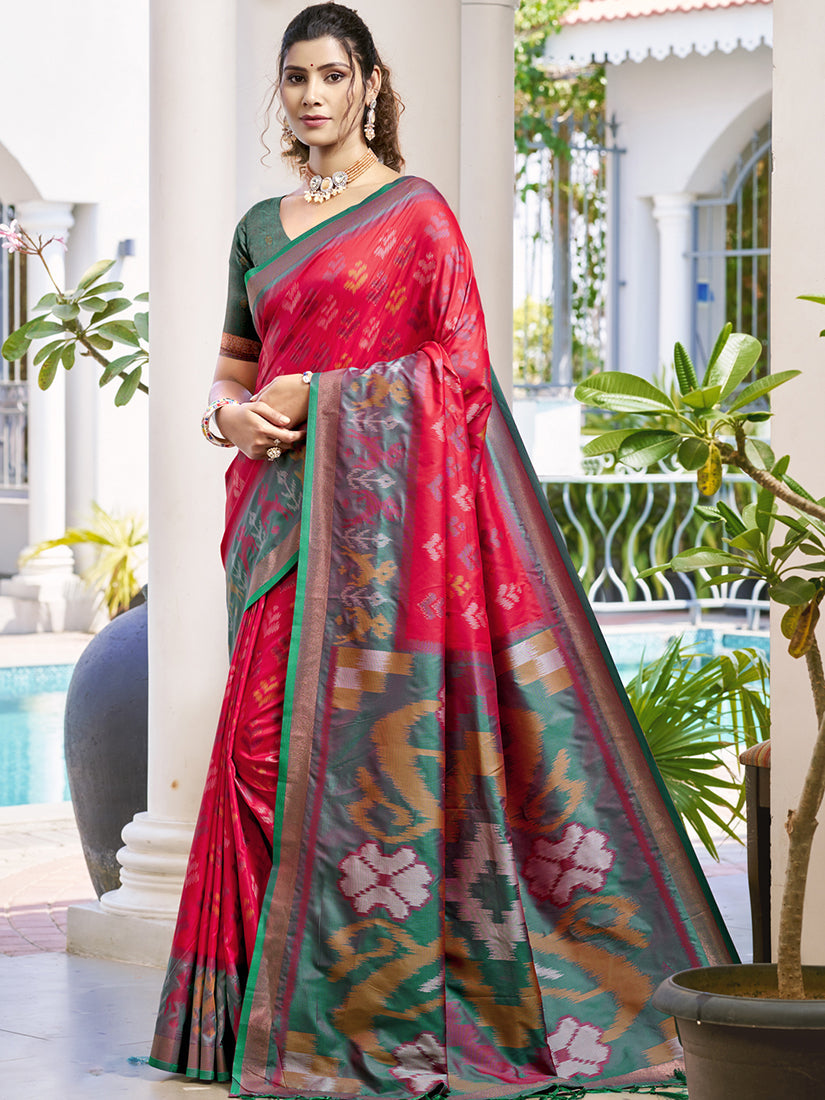 Monjolika Fashion Red & Dark Green Woven Pochampally Silk Blend Saree with Unstitched Blouse Piece | Grocsy