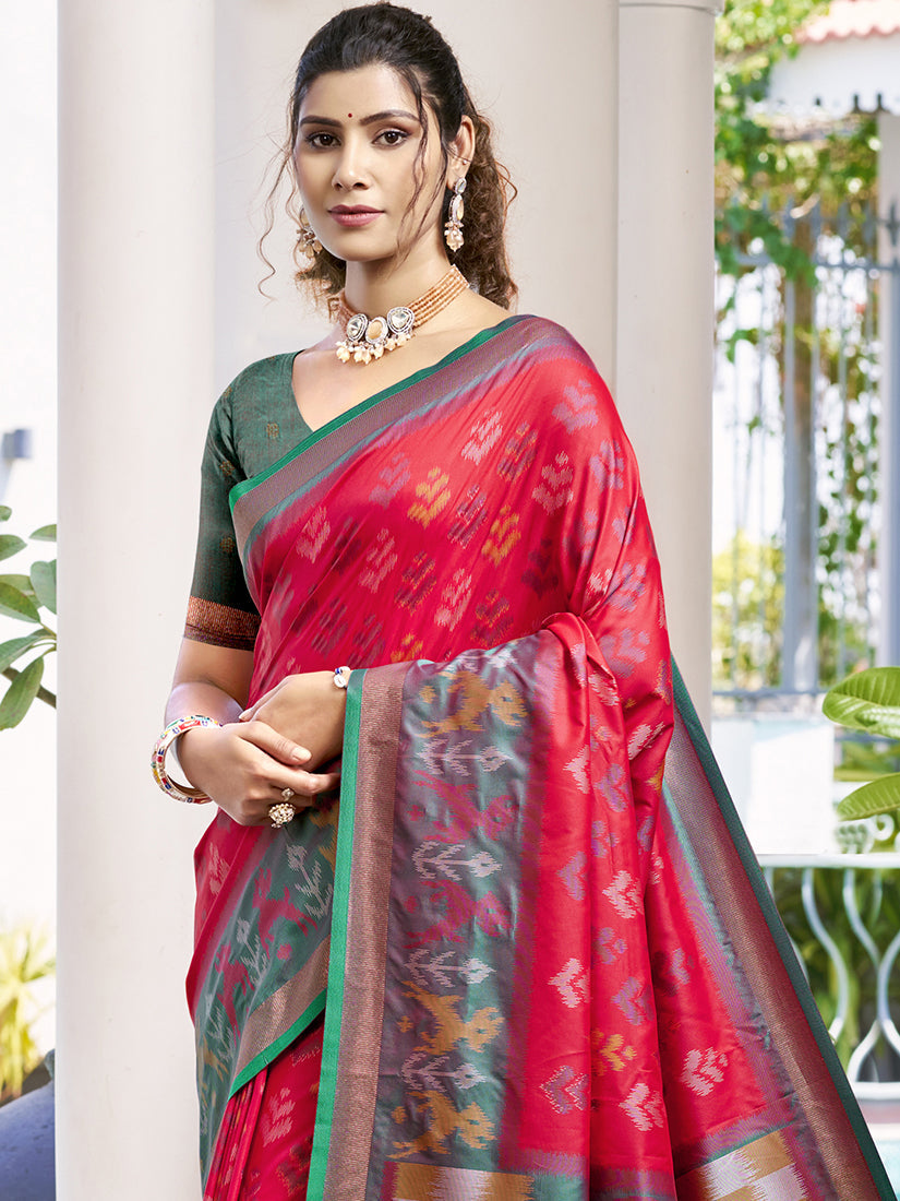 Monjolika Fashion Red & Dark Green Woven Pochampally Silk Blend Saree with Unstitched Blouse Piece | Grocsy