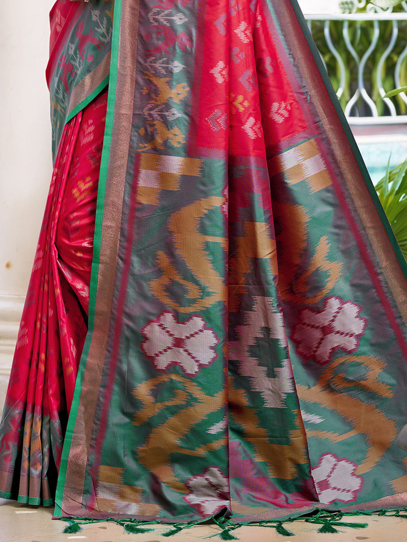 Monjolika Fashion Red & Dark Green Woven Pochampally Silk Blend Saree with Unstitched Blouse Piece | Grocsy