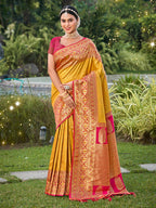 Monjolika Fashion Mustard Banarasi Silk Blend Woven Saree with Unstitched Blouse Piece | Grocsy