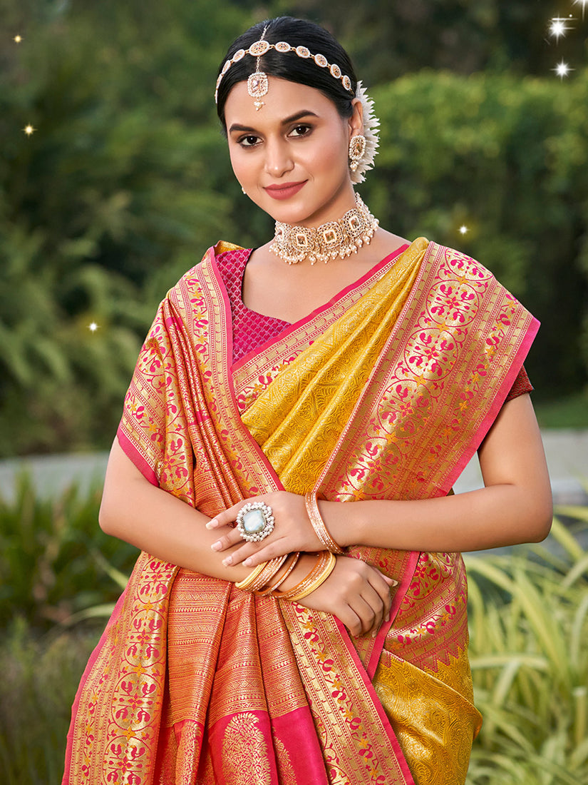 Monjolika Fashion Mustard Banarasi Silk Blend Woven Saree with Unstitched Blouse Piece | Grocsy
