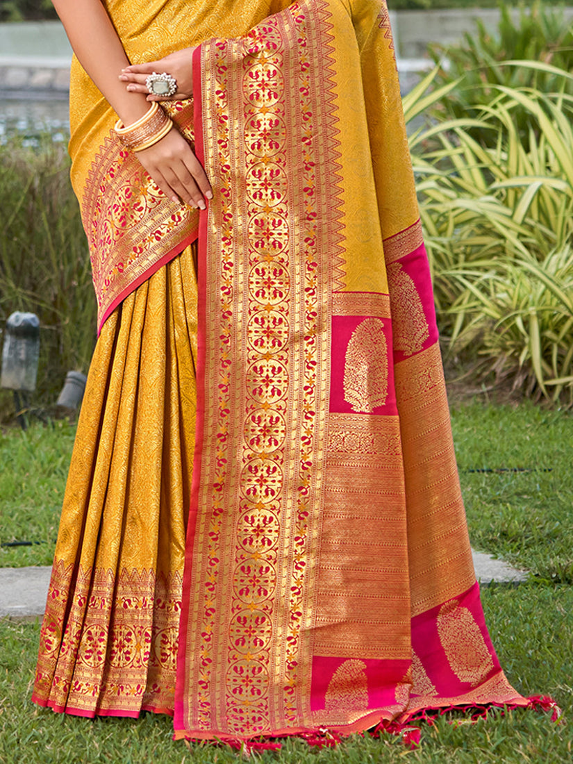 Monjolika Fashion Mustard Banarasi Silk Blend Woven Saree with Unstitched Blouse Piece | Grocsy