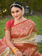 Monjolika Fashion Cream Banarasi Silk Blend Woven Saree with Unstitched Blouse Piece | Grocsy