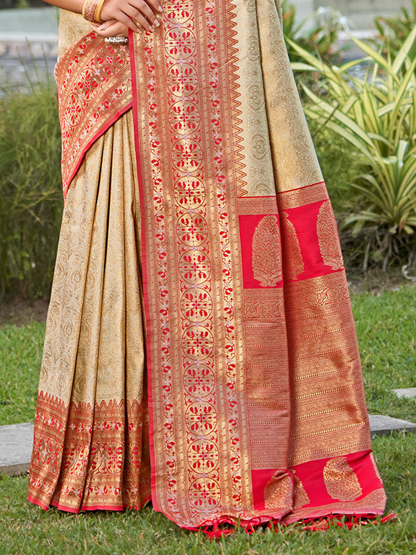 Monjolika Fashion Cream Banarasi Silk Blend Woven Saree with Unstitched Blouse Piece | Grocsy