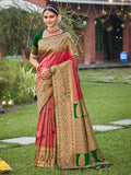 Monjolika Fashion Coral Pink Banarasi Silk Blend Woven Saree with Unstitched Blouse Piece | Grocsy