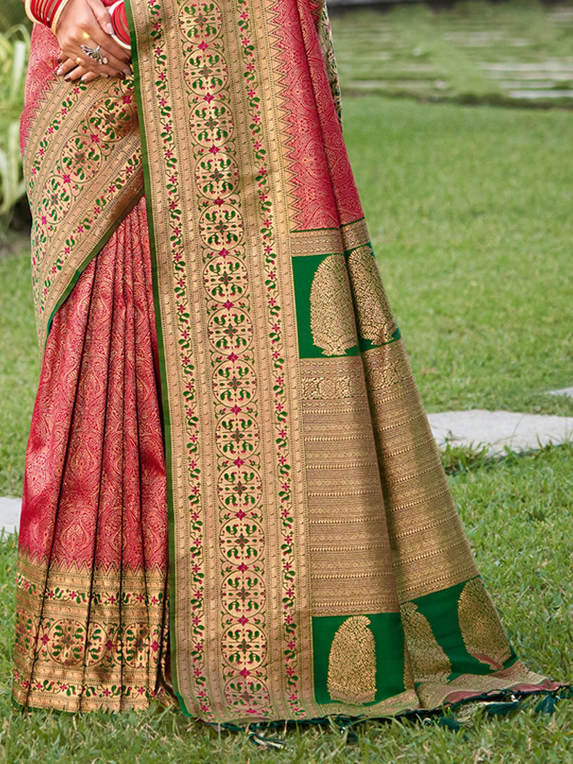 Monjolika Fashion Coral Pink Banarasi Silk Blend Woven Saree with Unstitched Blouse Piece | Grocsy