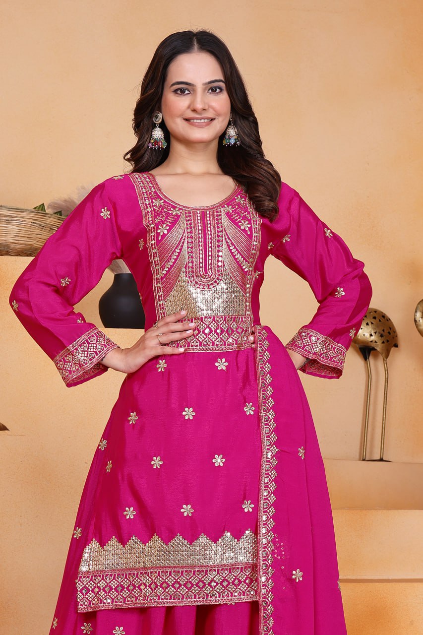 Yash Enterprise Pink Chinon Silk Party Wear Embroidery Suit Set | Grocsy
