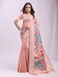 Monjolika Fashion Light Pink Handwoven Linen Cotton Blend Saree with Multicolor Peacock Motif Pallu & Zari Border | Grocsy