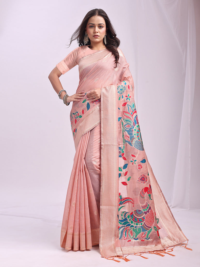 Monjolika Fashion Light Pink Handwoven Linen Cotton Blend Saree with Multicolor Peacock Motif Pallu & Zari Border | Grocsy