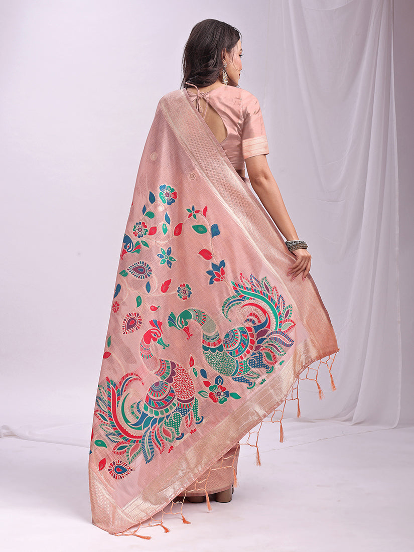 Monjolika Fashion Light Pink Handwoven Linen Cotton Blend Saree with Multicolor Peacock Motif Pallu & Zari Border | Grocsy