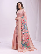 Monjolika Fashion Light Pink Handwoven Linen Cotton Blend Saree with Multicolor Peacock Motif Pallu & Zari Border | Grocsy