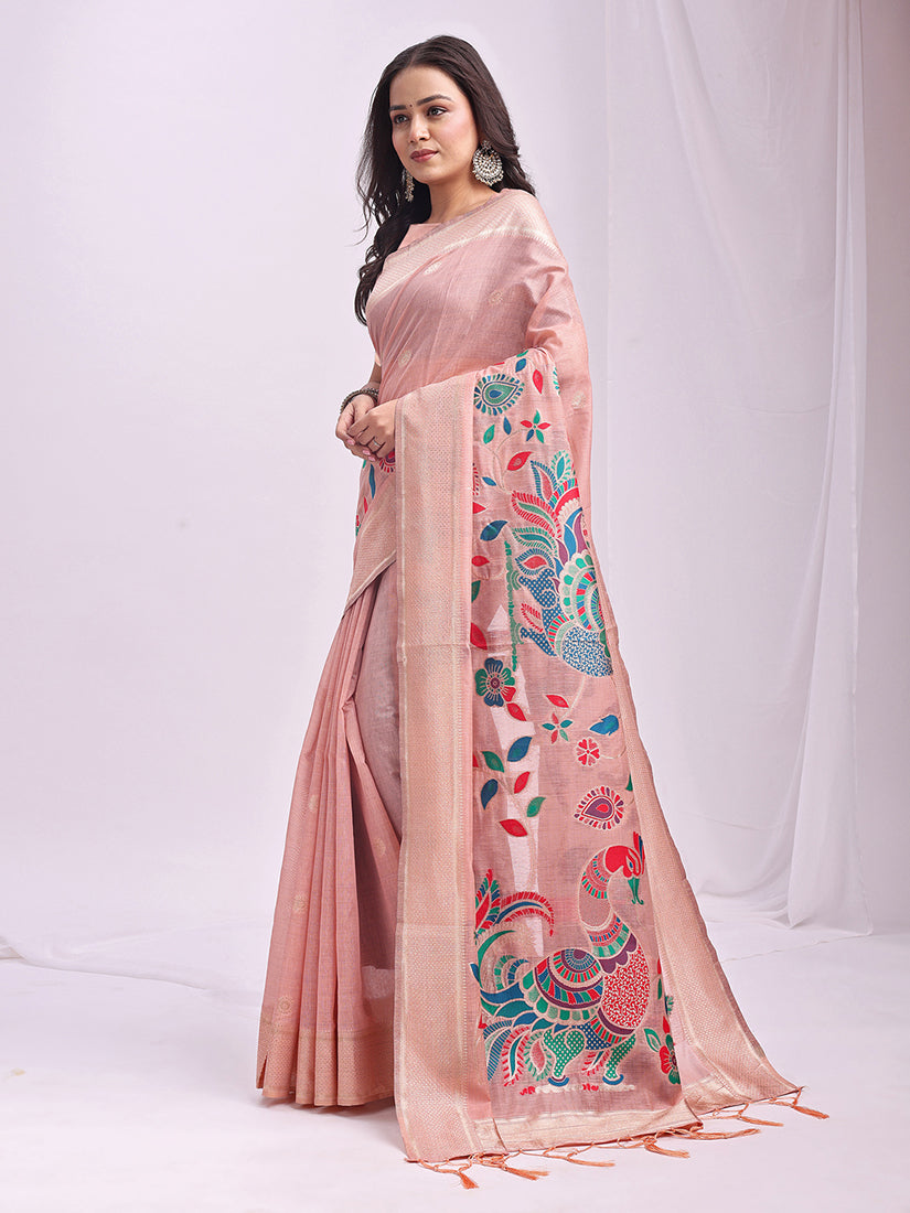 Monjolika Fashion Light Pink Handwoven Linen Cotton Blend Saree with Multicolor Peacock Motif Pallu & Zari Border | Grocsy