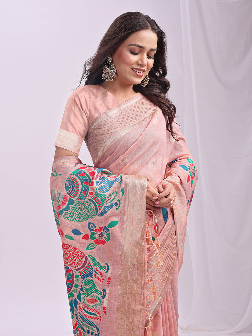 Monjolika Fashion Light Pink Handwoven Linen Cotton Blend Saree with Multicolor Peacock Motif Pallu & Zari Border | Grocsy