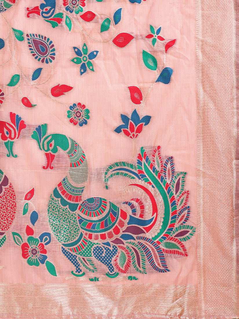 Monjolika Fashion Light Pink Handwoven Linen Cotton Blend Saree with Multicolor Peacock Motif Pallu & Zari Border | Grocsy
