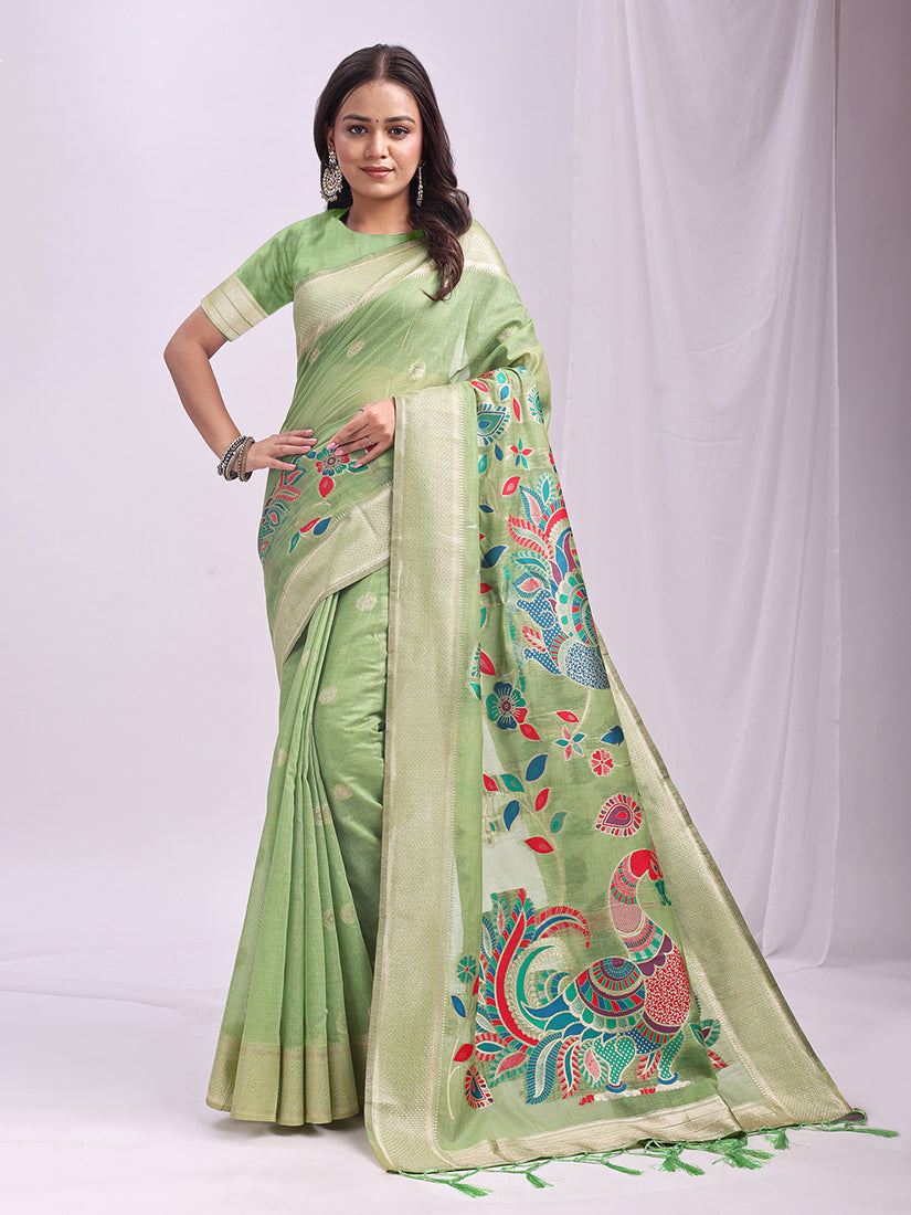 Monjolika Fashion Light Green Handwoven Linen Cotton Blend Saree with Multicolor Peacock Motif Pallu & Zari Border | Grocsy