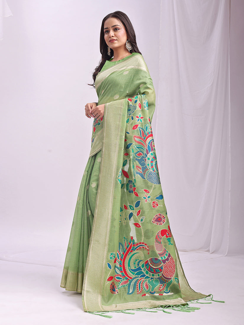 Monjolika Fashion Light Green Handwoven Linen Cotton Blend Saree with Multicolor Peacock Motif Pallu & Zari Border | Grocsy