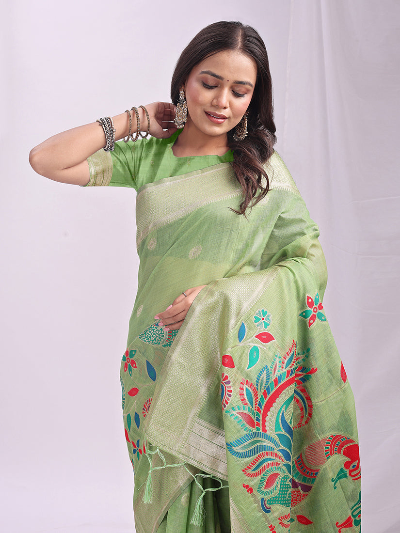 Monjolika Fashion Light Green Handwoven Linen Cotton Blend Saree with Multicolor Peacock Motif Pallu & Zari Border | Grocsy