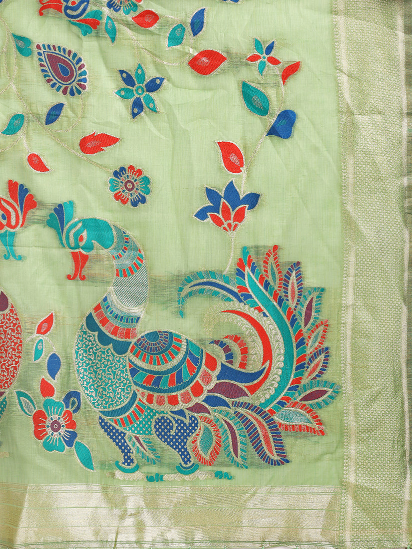 Monjolika Fashion Light Green Handwoven Linen Cotton Blend Saree with Multicolor Peacock Motif Pallu & Zari Border | Grocsy