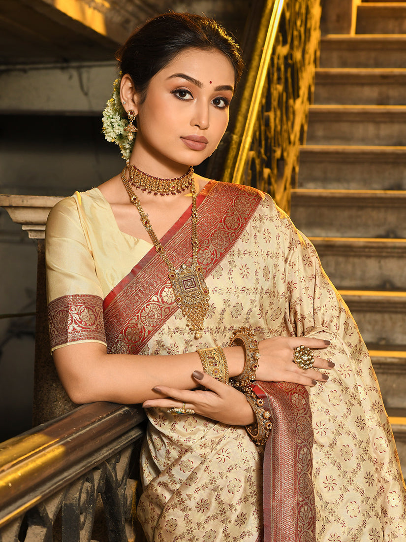 Monjolika Fashion Cream Banarasi Silk Blend Saree with Red Zari Border | Grocsy