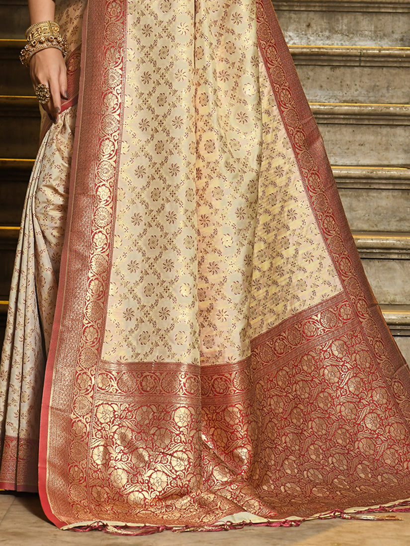 Monjolika Fashion Cream Banarasi Silk Blend Saree with Red Zari Border | Grocsy
