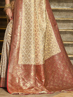 Monjolika Fashion Cream Banarasi Silk Blend Saree with Red Zari Border | Grocsy