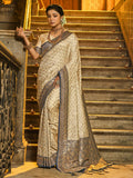 Monjolika Fashion Cream Banarasi Silk Blend Saree with Navy Blue Zari Border | Grocsy