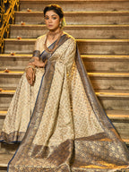 Monjolika Fashion Cream Banarasi Silk Blend Saree with Navy Blue Zari Border | Grocsy