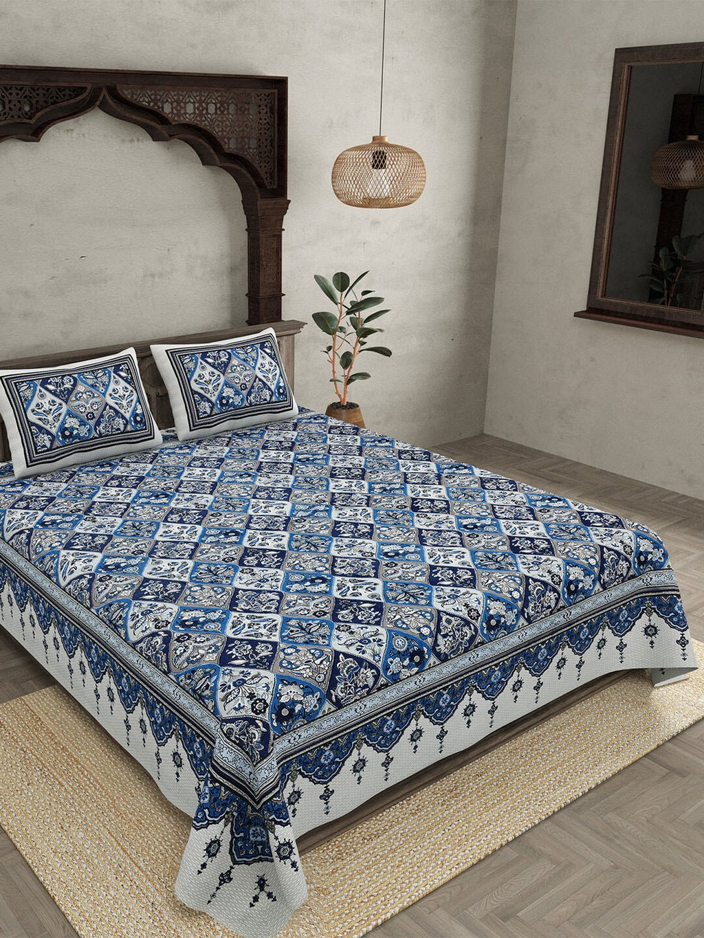JAIPUR FABRIC Festival Waves Blue & White Cotton 210 TC Queen Bedsheet & 2 Pillow Covers | Grocsy