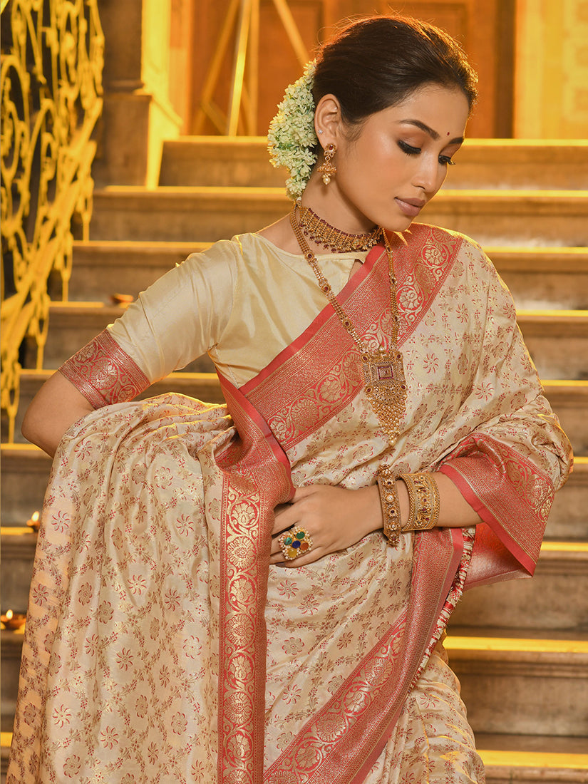 Monjolika Fashion Cream Banarasi Silk Blend Saree with Red Zari Border | Grocsy