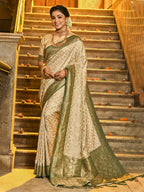 Monjolika Fashion Cream Banarasi Silk Blend Saree with Dark Green Zari Border | Grocsy