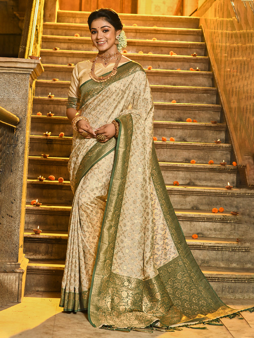 Monjolika Fashion Cream Banarasi Silk Blend Saree with Dark Green Zari Border | Grocsy