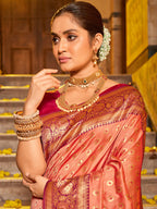 Monjolika Fashion Peach Banarasi Silk Blend Saree with Rani Pink Zari Border | Grocsy