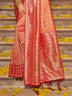 Monjolika Fashion Peach Banarasi Silk Blend Saree with Rani Pink Zari Border | Grocsy
