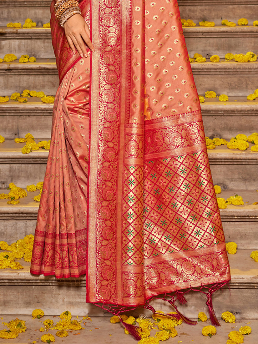Monjolika Fashion Peach Banarasi Silk Blend Saree with Rani Pink Zari Border | Grocsy