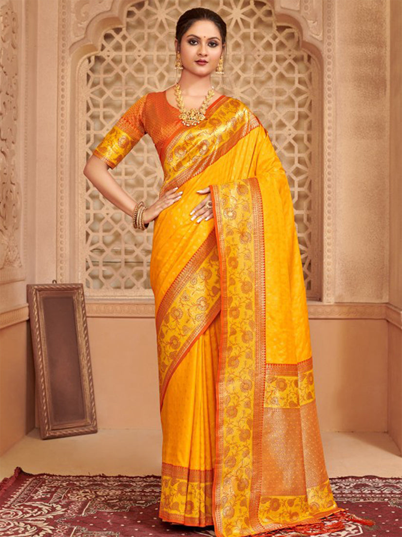 Monjolika Fashion Mustard Banarasi Silk Blend Gold Zari Weaving Saree with Contrast Border | Grocsy