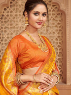 Monjolika Fashion Mustard Banarasi Silk Blend Gold Zari Weaving Saree with Contrast Border | Grocsy